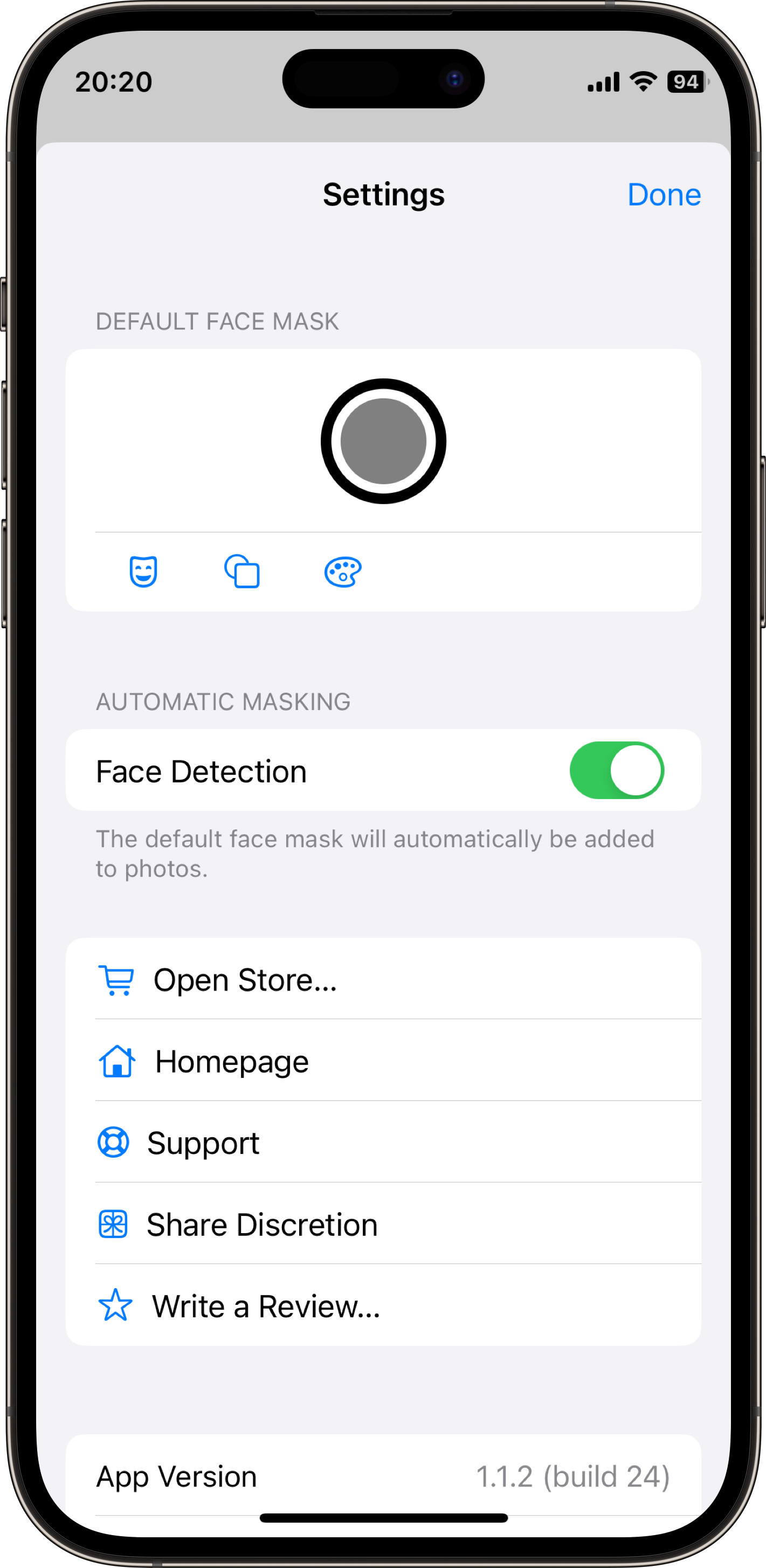 Discretion v1.1.2 Settings With Face detection on.