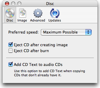 The Disc Preferences panel