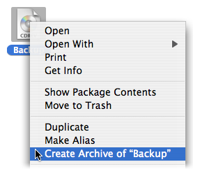 The Finder's shortcut menu with Create Archive selected