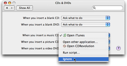 CDs & DVDs preferences showing 'ignore' being selected on the 'When you insert a music CD' pop-up menu